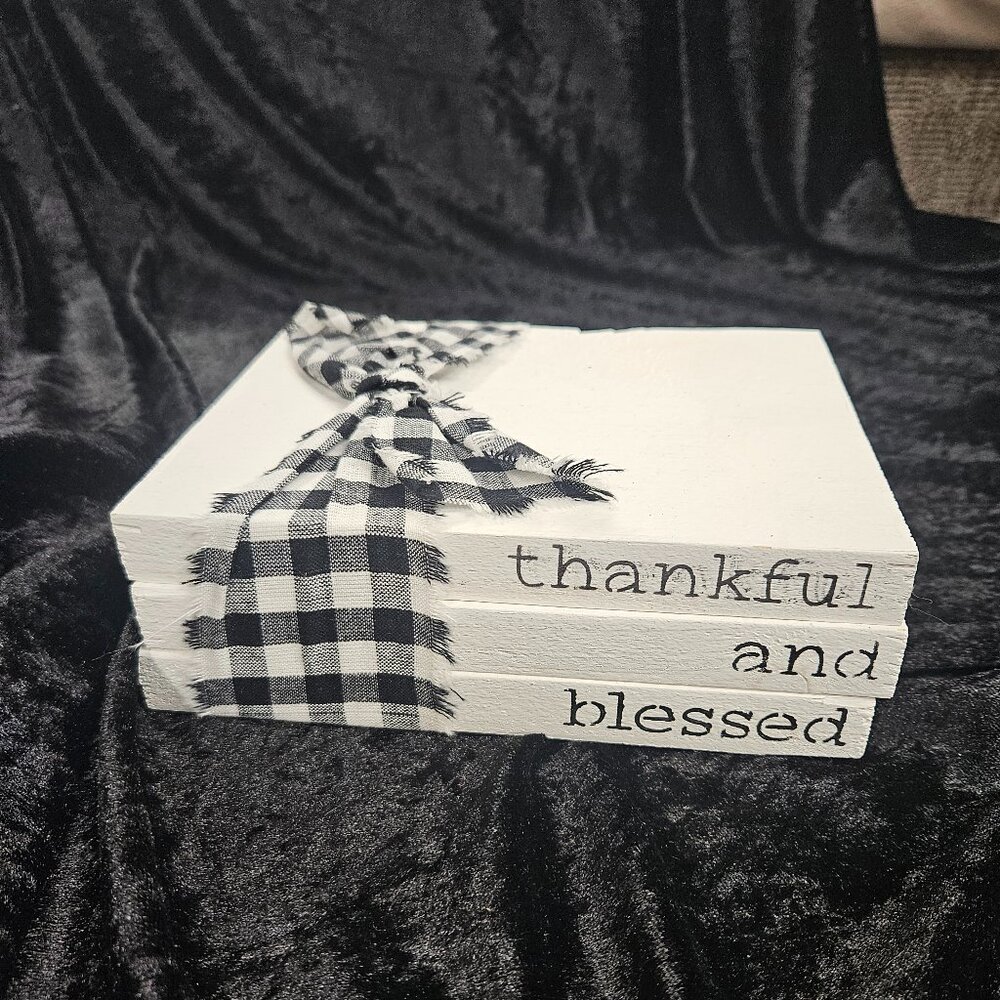 Wooden Block with Black Checker pattern ribbon - thankful and blessed